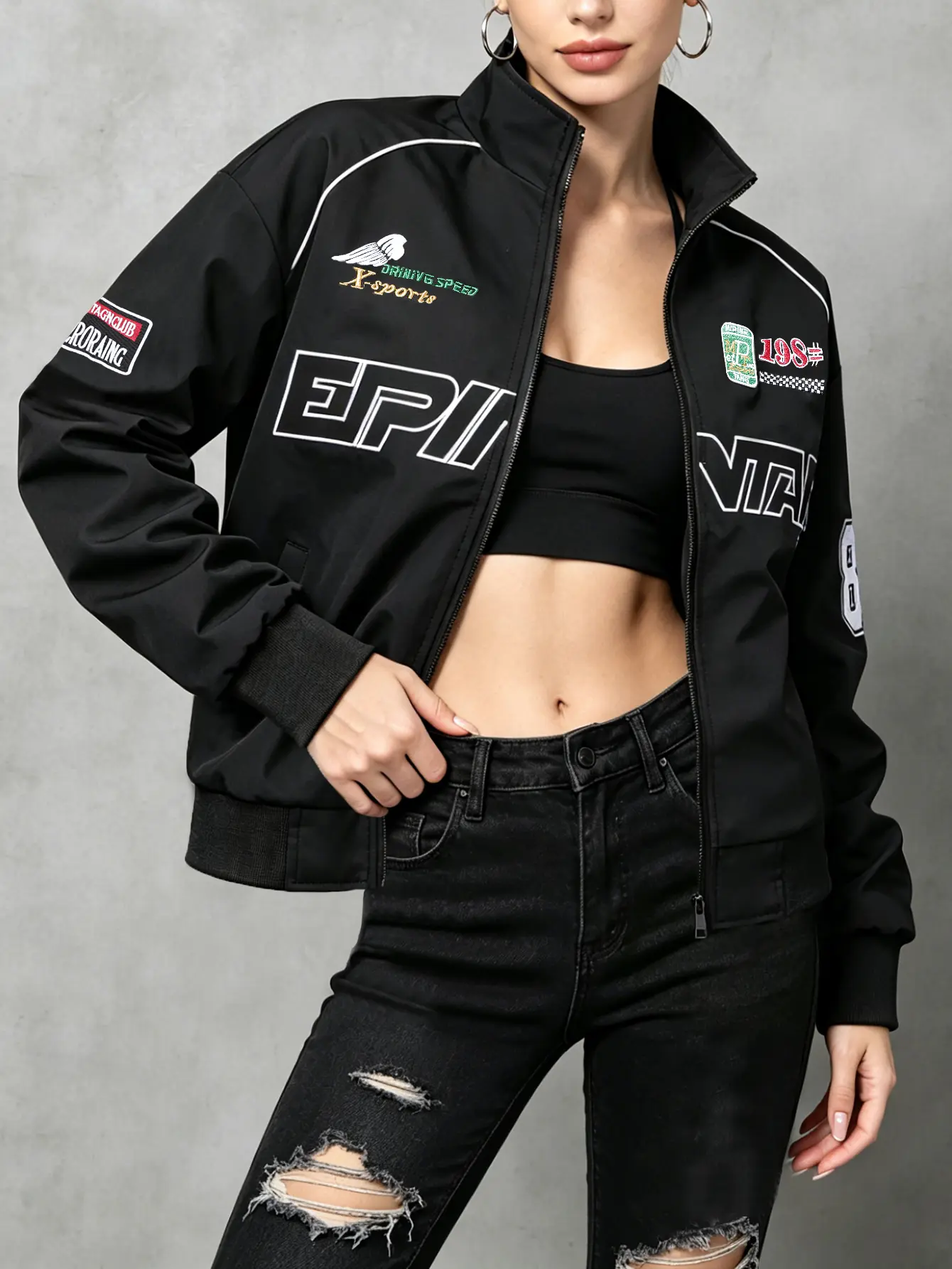 Women’s Retro Vintage Racing-Style Aviator Coat - Sports Outerwear, Long Sleeve Windproof All-Season Streetwear with Prominent Letter Prints, Embroidered Patches, Flag Accents, Versatile Checkered Design, Ribbed, Retro Aviator Vibe