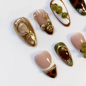 Press On False Nails for Girls - Green, Olive, French Tip, Gold Chrome, Tortoise Designs - Cool Martini & Birthday Themed Nail Art Accessories for Beauty & Personal Care