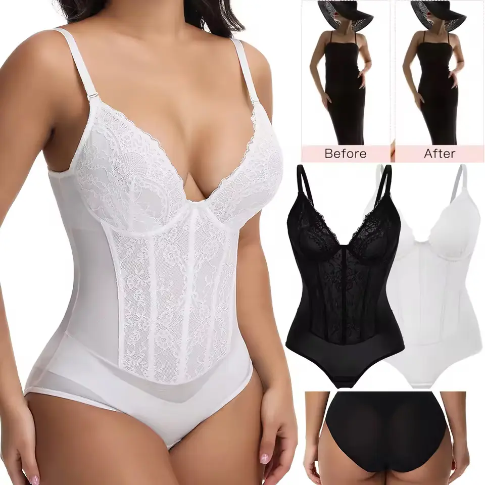 Women's Nylon Elastic Breathable Underwire Lace Shapewear Bodysuit - V-Neck, Tummy Control, Full Body Corset Jumpsuit Briefer for Office Wear, Bodycon Lingerie, Compression, Slimming, Mesh