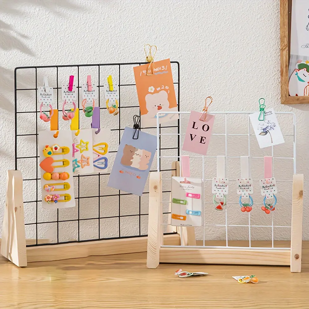 1 Grid Countertop Display Rack, Grid Display Wooden Display Rack, Portable Desktop Metal Grid Wall Rack with Wooden Base, with 10 Clip Display Units, for Displaying Retail Handicrafts, Art Drawings, Photos, Art Area