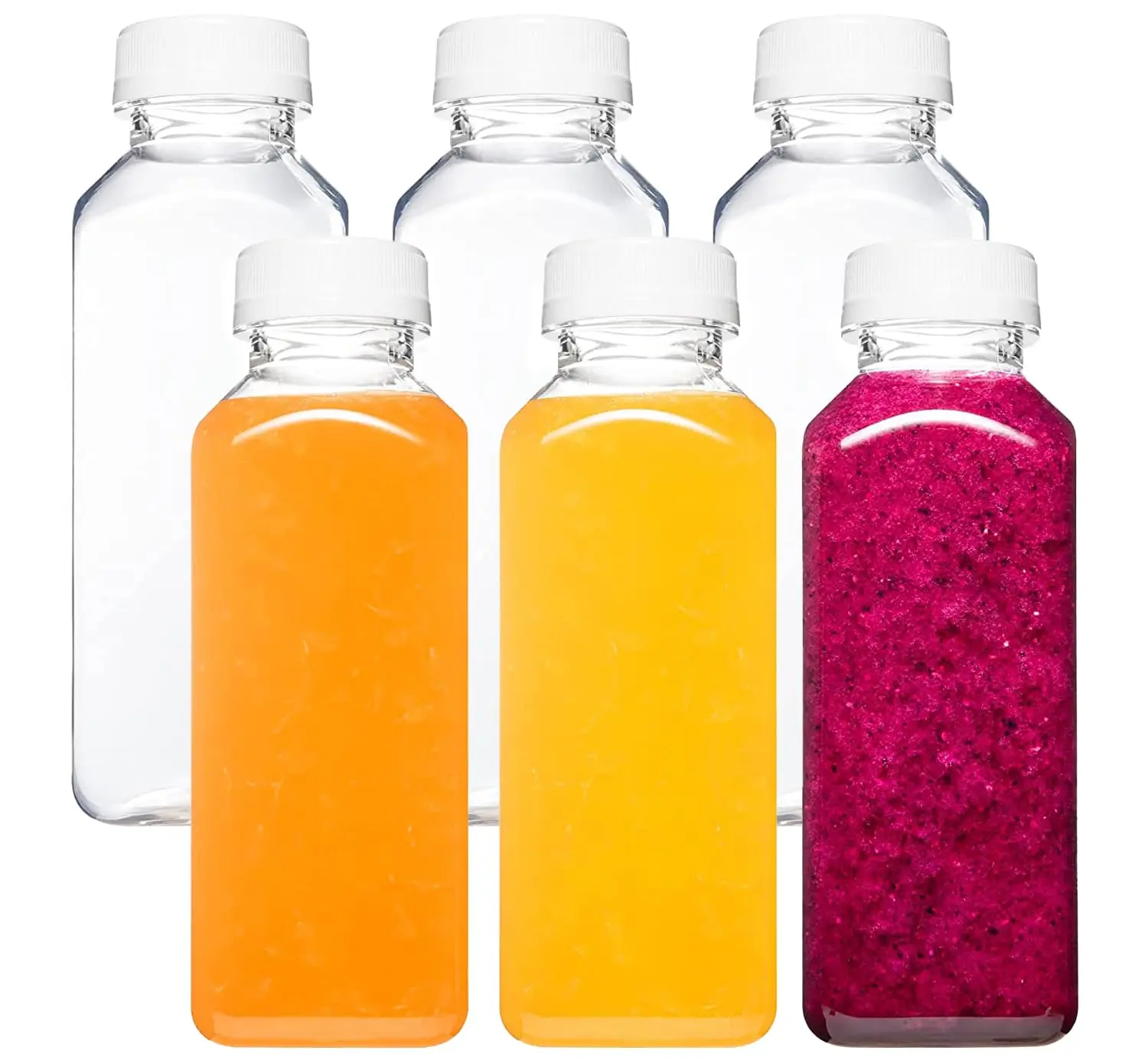 6 Pack Plastic Juice Bottles with Caps – 12oz Reusable Juicing Containers, Clear Drink Bottles with Lids for Juices, Smoothies, Protein Shakes – BPA Free & Leakproof