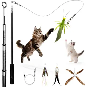 , Interactive Wand  for Indoor Kittens, 60inch Long  Fishing Pole  for Exercising and Playing, 4 count Different Refills and 2 count  String