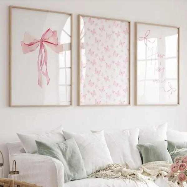 How Lucky Are We Pink Butterfly Bow Wall Art, Set of 3, Aesthetic Dorm College Chinoiserie Prints, Grandmillennial, Digital,Printable