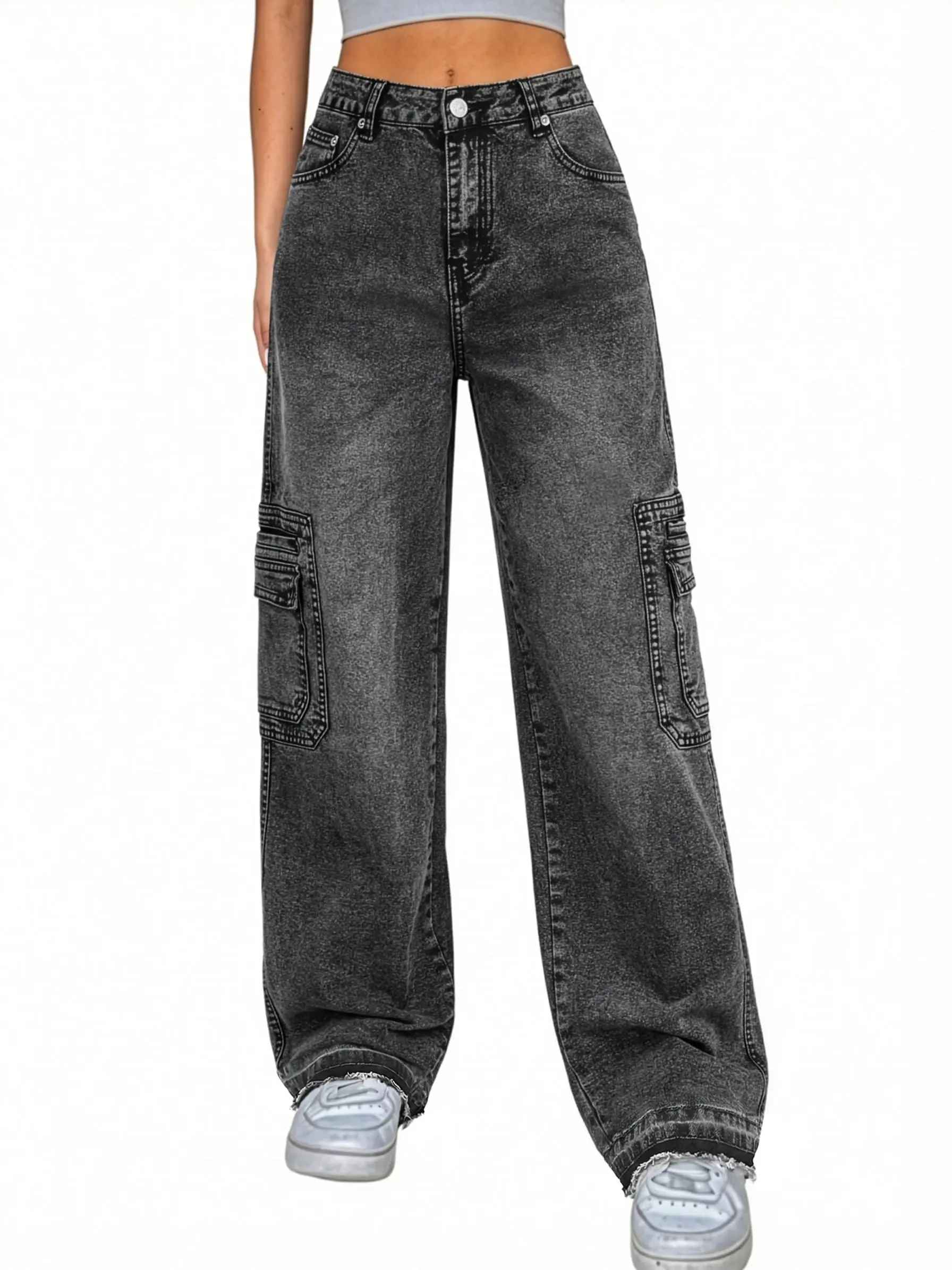 EMMIOL Women's Cargo Jeans Y2K Wide Leg Baggy Denim Pants | High Waisted,Multi-Pocket,Button Closure,Vintage Streetwear,Casual Going Out,Everyday Wear