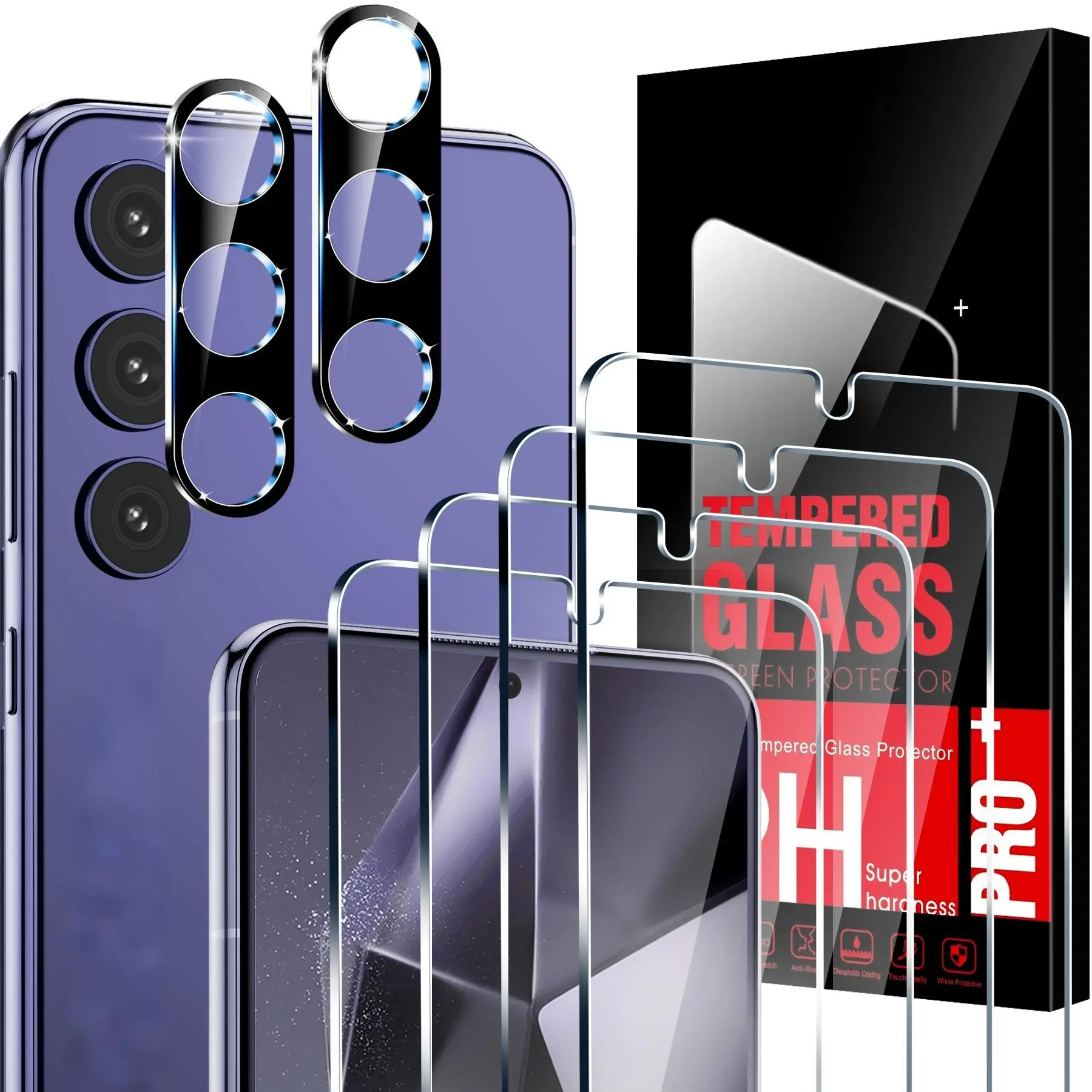 4-Pack Privacy Tempered Glass Screen Protectors + 2-Pack Camera Lens Protectors for Samsung Galaxy S24 Plus, 9H Protective Cellphone Cover Accessories, Shockproof, Scratch-Resistant, Anti-Fingerprint, HD Clarity, Handheld Fingerprint ID Compatible