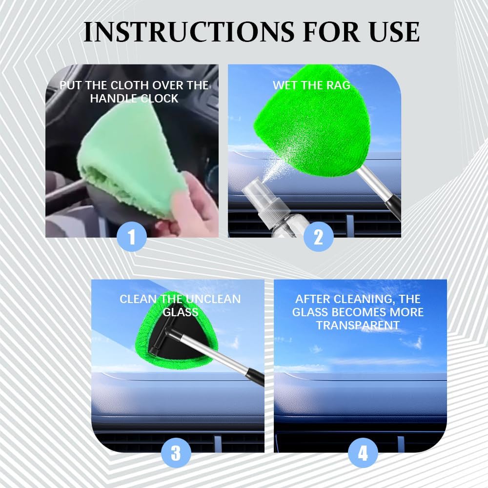 Click to see full view Windshield Cleaning Tool, Car Interior Window Cleaning Kit with Extendable Handle & 3Microfiber Pads, Auto Inside Glass Wiper Kit for Car & Home Windows