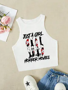 Women's Horror Movie Character Print Round Neck Tank Top, Casual Sleeveless Top for Daily Wear, Ladies Clothes for All Seasons, Socks