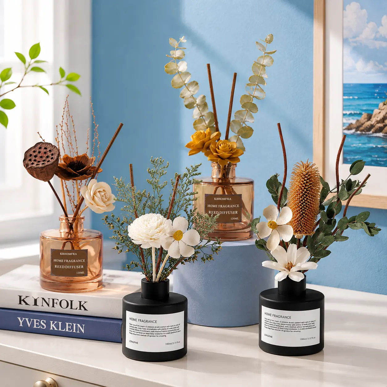 2 Pack Dried Flower Reed Diffuser Sets Jasmine Scent Fragrance Essential Oil Room Diffusers for Home Decor Aroma Bottle