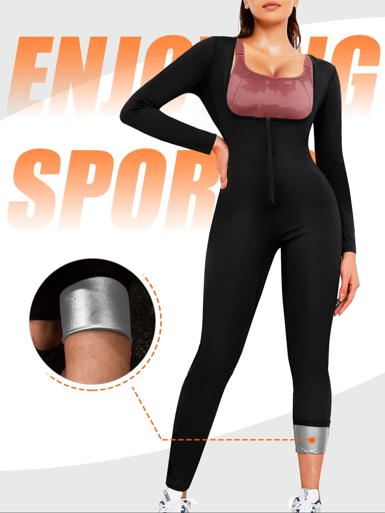Women's Full-Body Shaping Sweat Suit Long Sleeve Nine-Tenths Pants Zip Design Tight Fit Sauna Fabric Accelerate Fat Burning Yoga Running Workout Running Clothes Workout Daily Wear Sportswear for Training