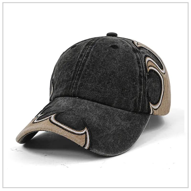CoolCatHats Vintage Washed Cotton Baseball Cap - Y2K Flame Embroidery Distressed Hat