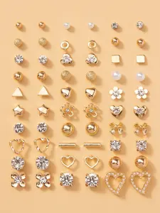 30 Pairs Women's Elegant Rhinestone & Faux Pearl Decorated Stud Earrings, Heart & Flower & Geometric & Bowknot Design Stud Earrings, Fashionable Jewelry For Women & Girls