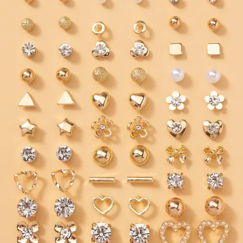 30 Pairs Women's Elegant Rhinestone & Faux Pearl Decorated Stud Earrings, Heart & Flower & Geometric & Bowknot Design Stud Earrings, Fashionable Jewelry For Women & Girls, Floral Stud Earrings, Stud Earrings Set