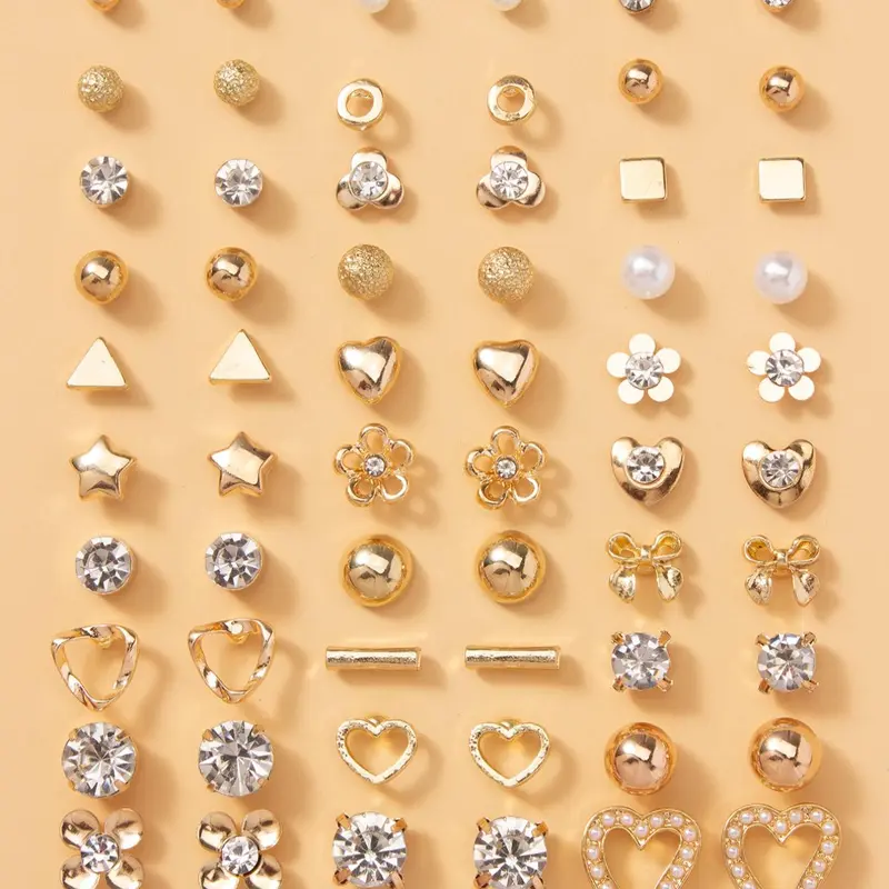 30 Pairs Women's Elegant Rhinestone & Faux Pearl Decorated Stud Earrings, Heart & Flower & Geometric & Bowknot Design Stud Earrings, Fashionable Jewelry For Women & Girls, Floral Stud Earrings, Stud Earrings Set