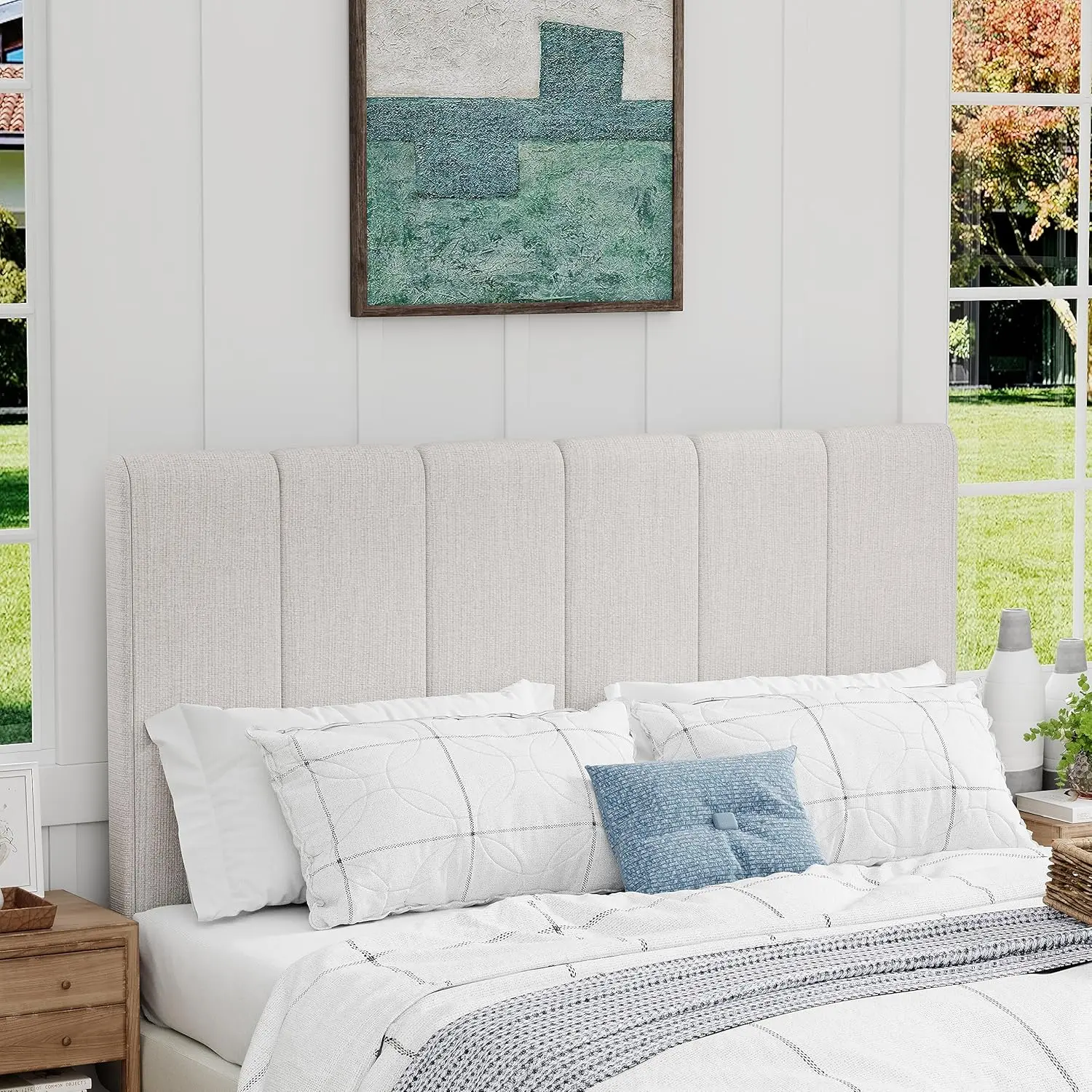 Upholstered king headboard panels for a king size bed, adjustable height, grayish white linen headboard