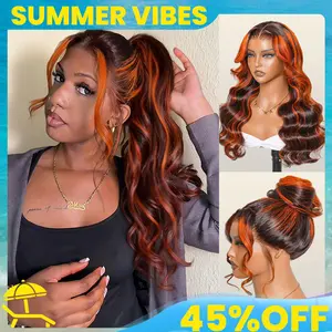 【 Salon Style at Home 】Ginger Highlights On Brown Hair 360 Lace Frontal Invisi Strap Skin Lace Invisi Drawstring Snug Fit Body Wave Human Hair Wig#Summervibes