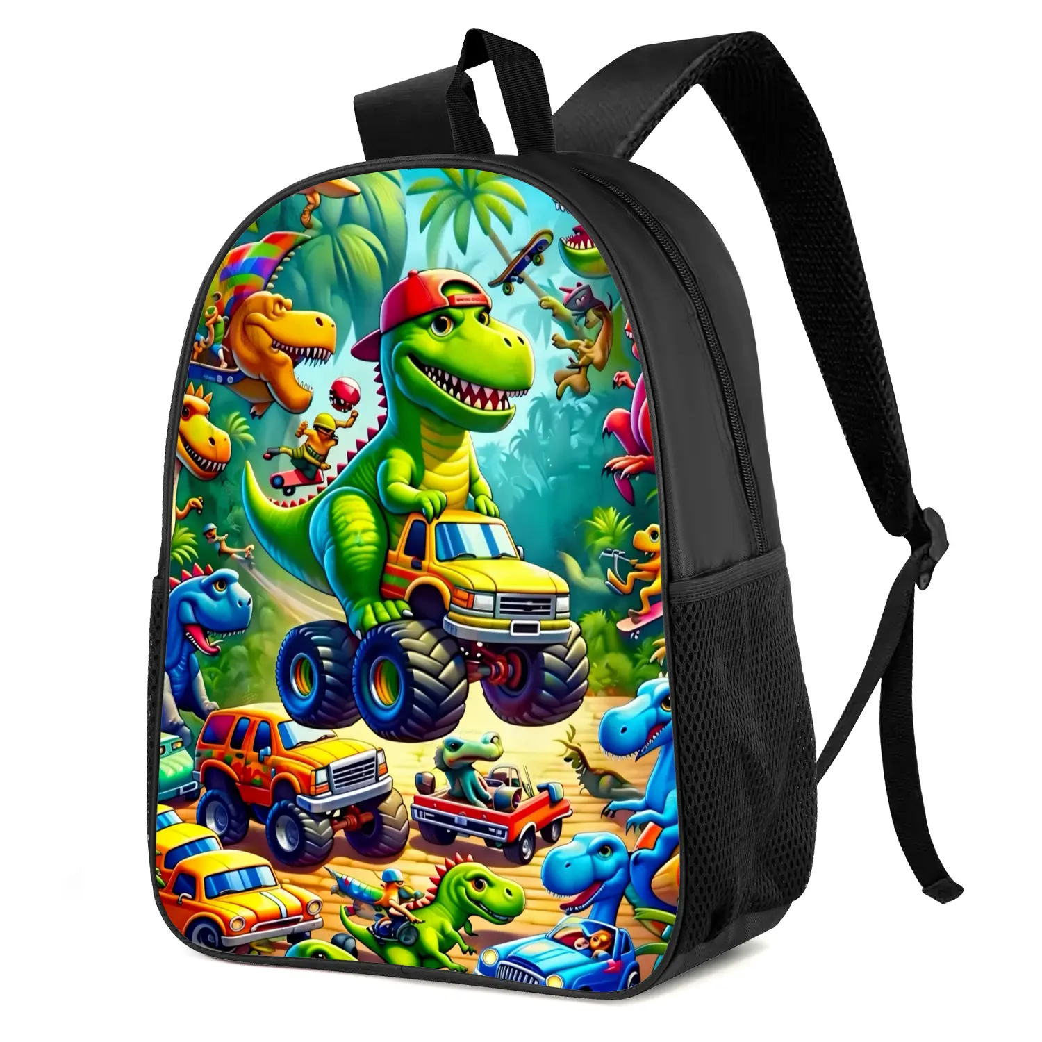 B406  Dinosaur Monster Truck Cartoon Trendy Graphic Print Casual Daily Backpack for Commute Outdoor Travel