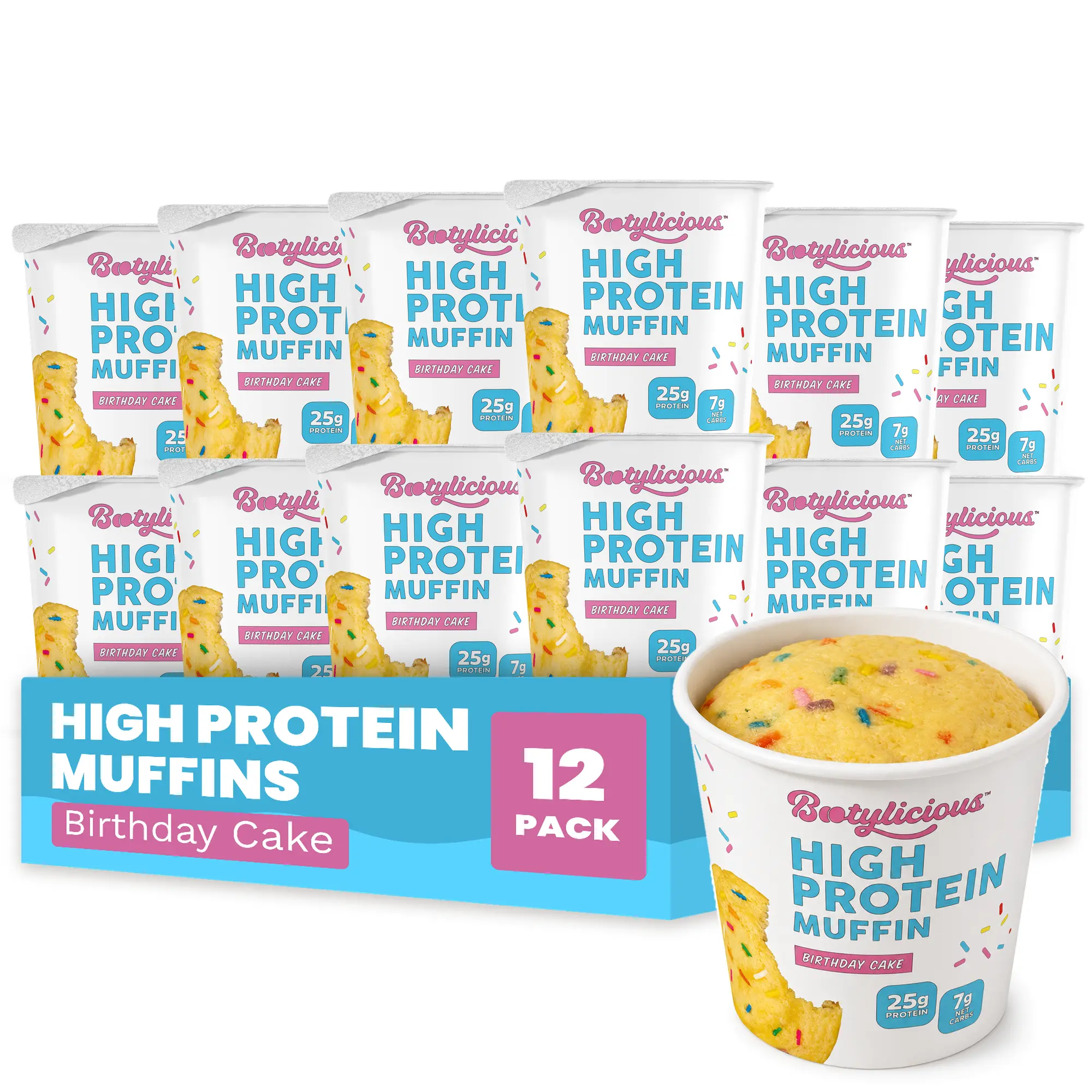 Bootylicious High Protein Muffins, Birthday Cake, 12 Pack, 25g Protein, 7g Net Carbs