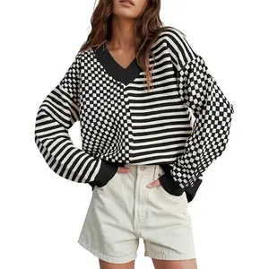 UNCLECAT Women's Striped Checkered Sweater 2024 V Neck Fall Sweaters Casual Knit Trendy Pullover Tops