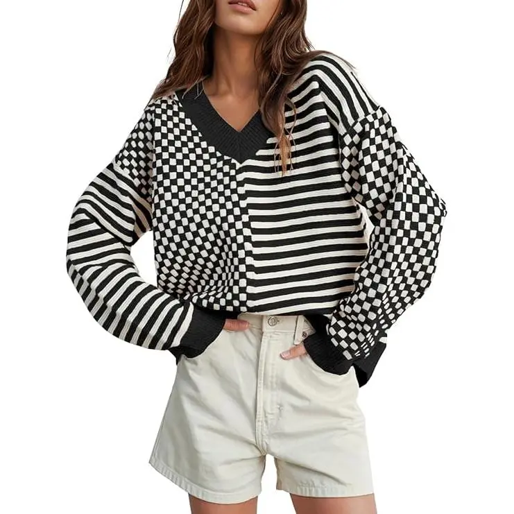 UNCLECAT 2024 Women's Baggy Striped Checkered V-Neck Long Sleeve Knit Pullover - Casual Style Colorful Stripe Pattern Fall Women's Tops, Baggy Striped Women's Pullovers