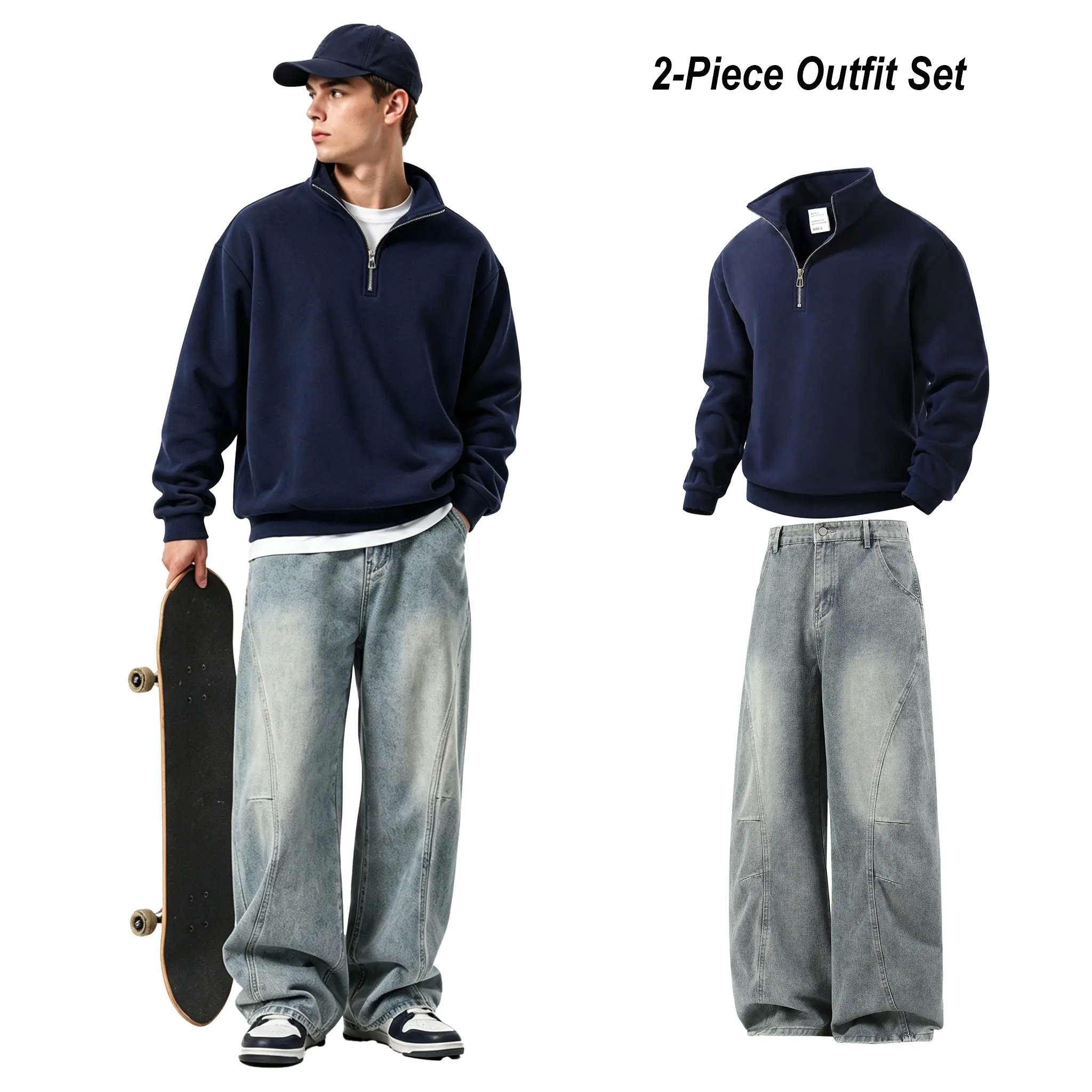 Men's Quarter Zip Sweatshirt & Wide Leg Baggy Jeans 2 Piece Outfit Skate Streetwear Casual Set
