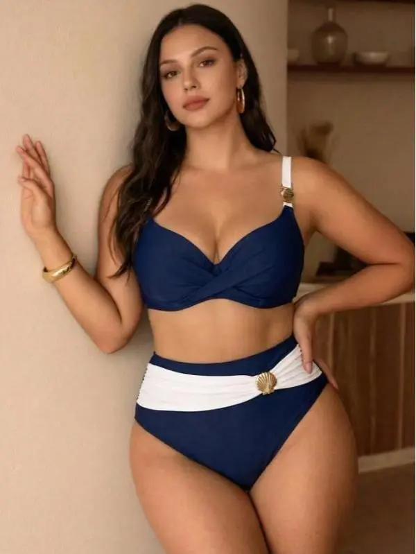 Women Navy Blue Plus Sized Bikini Set Swimsuit