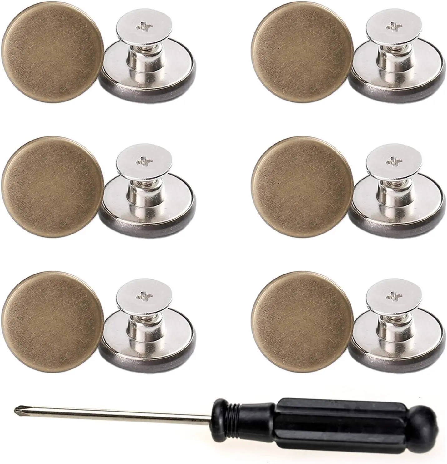 17mm Replacement Jeans Buttons, 12 Sets  Fit Instant Adjustable Pants Button,No-Sew Nailess Removable Metal Buttons Replacement Repair Combo Thread Rivets and Screwdrivers (style2)