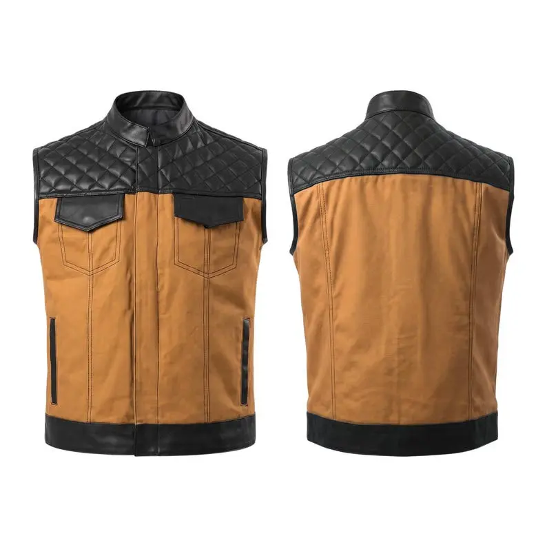Men’s Black Canvas and Leather Motorcycle Vest | Club Style Biker Vest