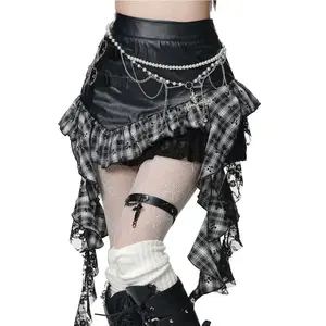 Retro Y2K Harajuku Gothic Skirt Leather Splicing Lace Hem Pleated Mini Autumn Cool Girl Streetwear