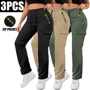 Women’s 3-pack cargo pants for spring/autumn, featuring a green colorway and zippered pockets; stylish design with large patch pockets and a drawstring elastic waistband. Casual outdoor long pants suitable for jogging and everyday wear.