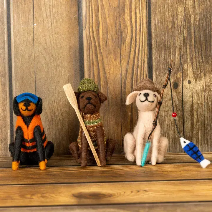 Felted Wool Fishing Dog Ornaments