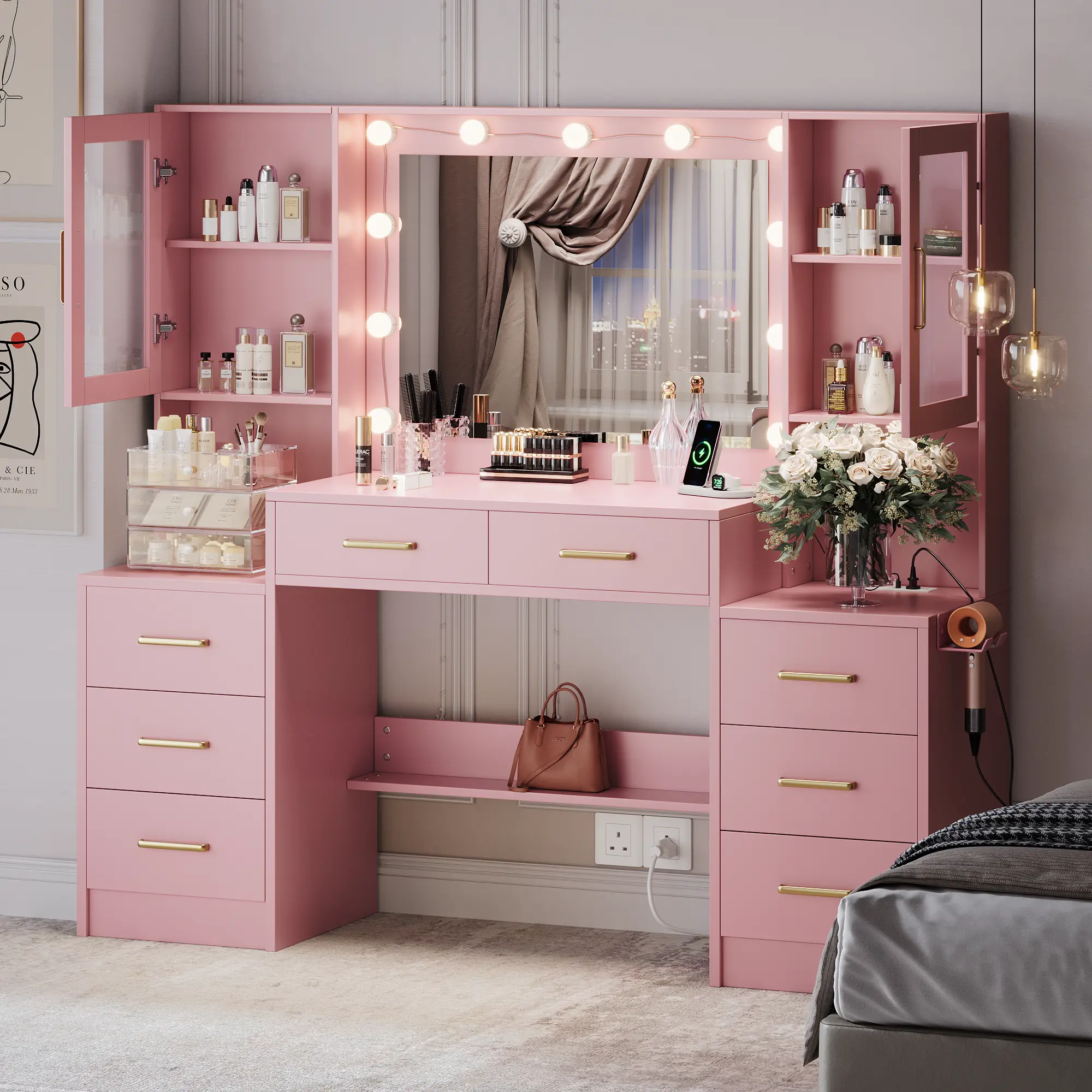 58.3”Vanity Desk with Mirror and Lights & Charging Station,Bedroom Dressing Table,Large Vanity Set,8 Drawers and 2 Cabinets,Makeup Vanity Table with Charging Station,Without Stool,White,Black,Pink