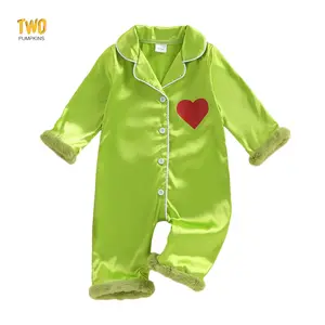 Baby Girl Valentines Pajamas Heart Print Furry Trim Button Down Lapel V Neck Long Sleeve Satin Romper