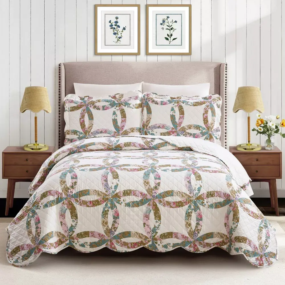 Modern Heirloom 3-Piece Dahila Chain Quilt Bedspread Set, Floral Bedding Sets, Full/King Size Bedroom Bundle