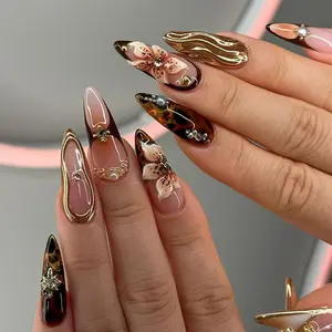 Short Almond 3D Flower Press On Nails, Tortoise Shell Cross Design Removable Fake Nails Wholesale