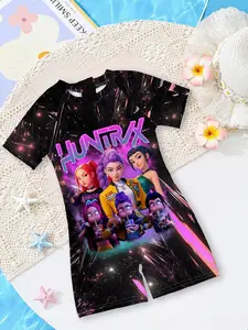 Girls' one-piece swimsuit "HUNTRIX Girl Group" features a black and purple dazzling base color + full print of starlight and laser effects, trendy, cool, and eye-catching, instantly enhancing the atmosphere for pool play / beach vacation! Swimwear