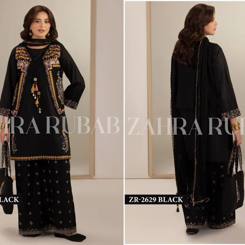 Pakistani Designer Zahrah Rubab Embroidered Cotton Dress, Size L
