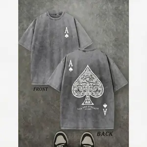 Retro washed distressed shirt Black playing card print Loose top Crew neck short sleeve T-shirt Unisex street style T-shirt
