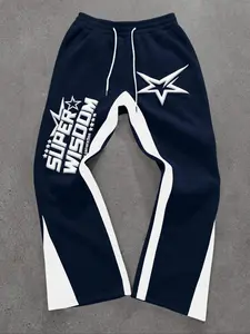 Men's Y2K Casual Colorblock Letter & Star Print Blue Drawstring Waist Joggers Pants, Fitted Streetwear Gift for Boyfriend Christmas