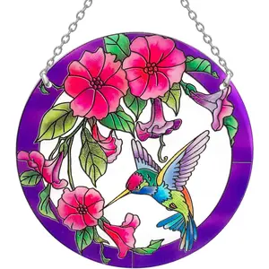 Hummingbird & Flowers Stained Glass Suncatcher – 3.5" to 12" Hand-Painted Window Hanging – Beautiful Gift for Women & Bird Lovers