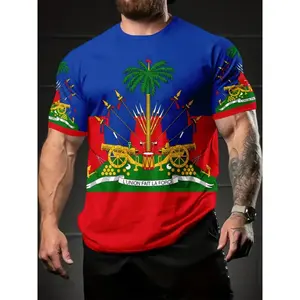 Men’s Novel T-Shirt – Vibrant multicolor polyester casual T-shirt featuring a Haitian flag and cannon print; summer streetwear top with a regular crew neck; men’s fabric T-shirt with an elastic collar; tropical-style short sleeves