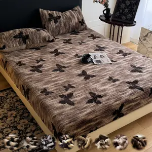 Luxury Faux Rabbit Fur Bedding Set – Leopard/Tiger/Butterfly Print, Soft Warm Fitted Sheet with Pillowcase, Solid Color Bed Set, All-Season Use, Bed Sheets Set, Perfect for Bedroom, Dorm, Sofa & Guest Room, Ideal Christmas Gift