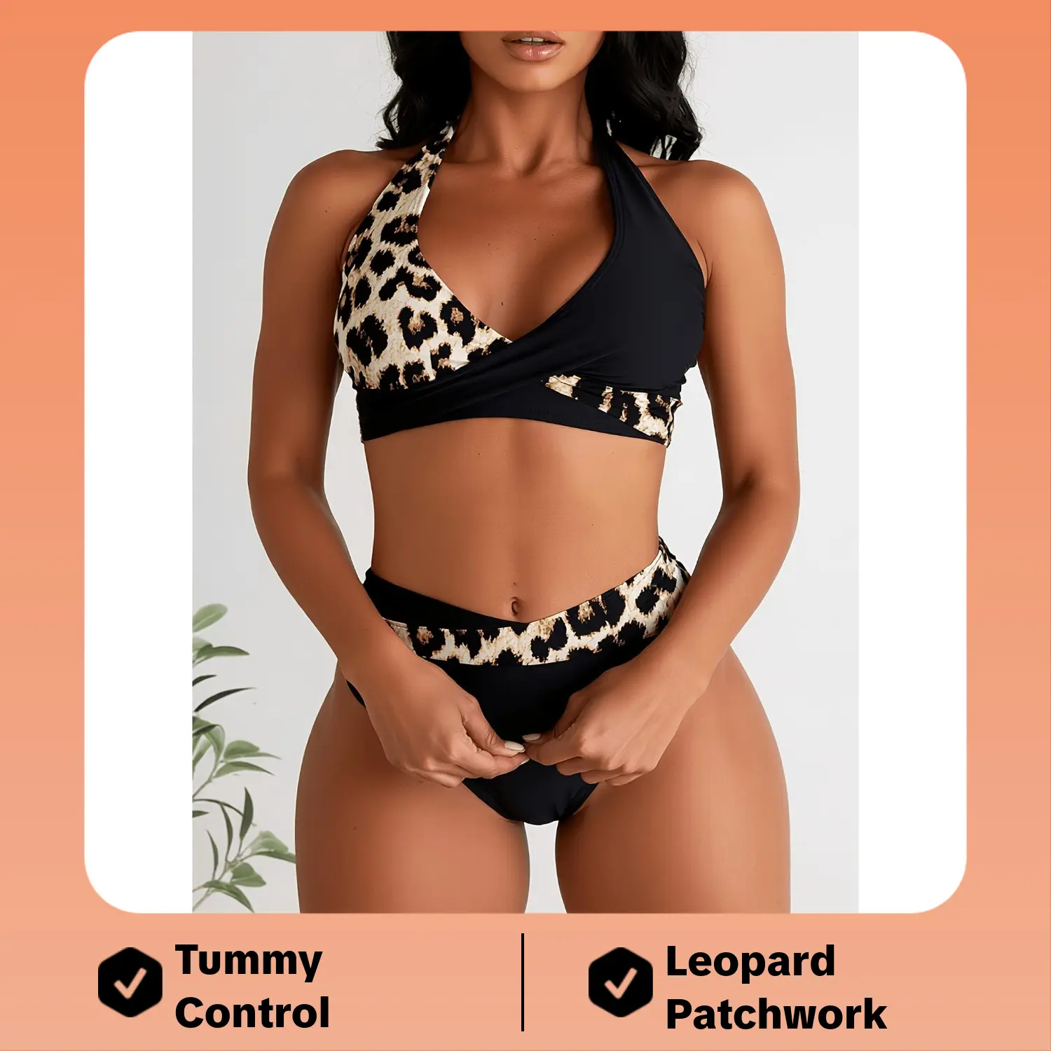 Women's 2026 Halter Animal Print 2-Piece Swimsuits Set - Wrap V-Neck High-Waisted Tummy Control Beach Bikini Swimsuit for Summer Beach Resort Vacation (Leopard Print Halter Bikinis Set)