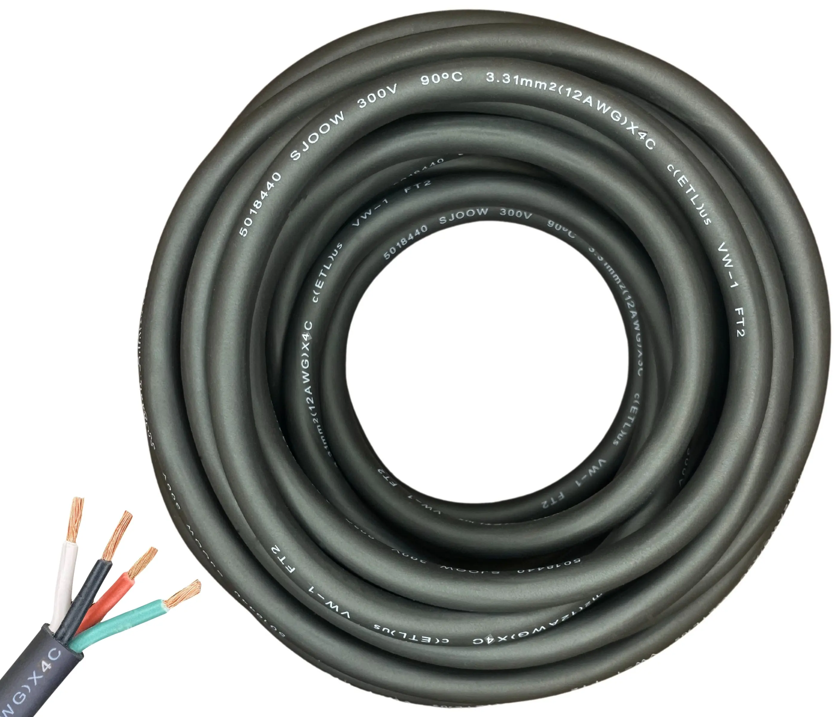 Windy Nation 12/4 SJOOW Outdoor Extension Cord, 12 Gauge (12 AWG) 4 Conductor, 300V Portable Power Cord with Ultra Flexible Insulation Jacket, ETL Approved Heavy-Duty Electrical Wire