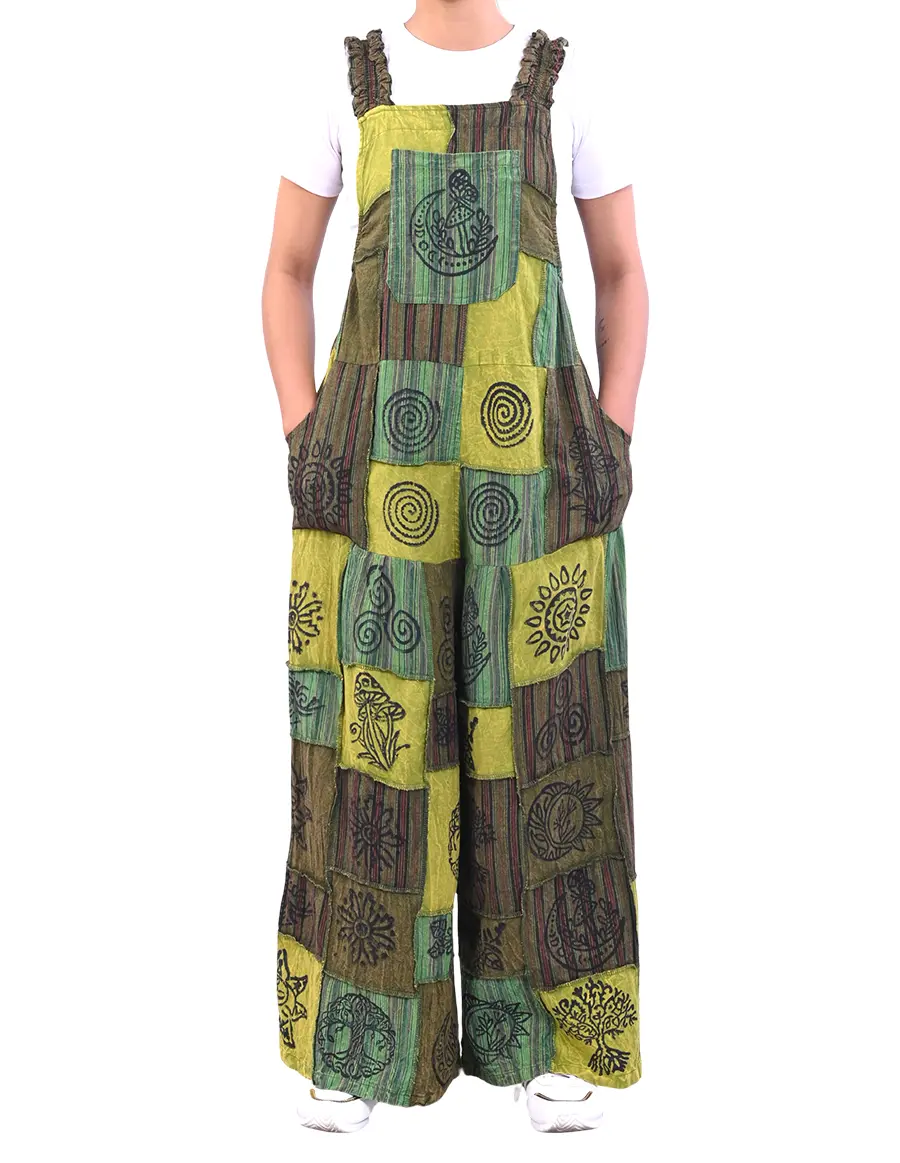 Women's Hippie Bohemian Sleeveless Overalls - Celestial Print, Geometric Patchwork, Adjustable Straps, Functional Pocket, Perfect Fit, Breathable Cotton, Hand Wash, Creativity-Focused, Unique Galaxy Art, Precise Stitching, Stylish Clothes