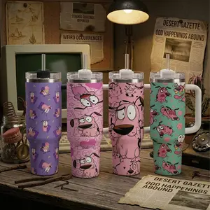 Cartoon Bold Pink Dog Hero Courage Dog Cute Funny Meme 40oz Tumbler With Handle (Box Not Included), The Cowardly Dog Cartoon Stainless Steel Travel Mug, Cute Gift, Hot Cold Drink Cup, Gift For Fans Water Bottles Cup