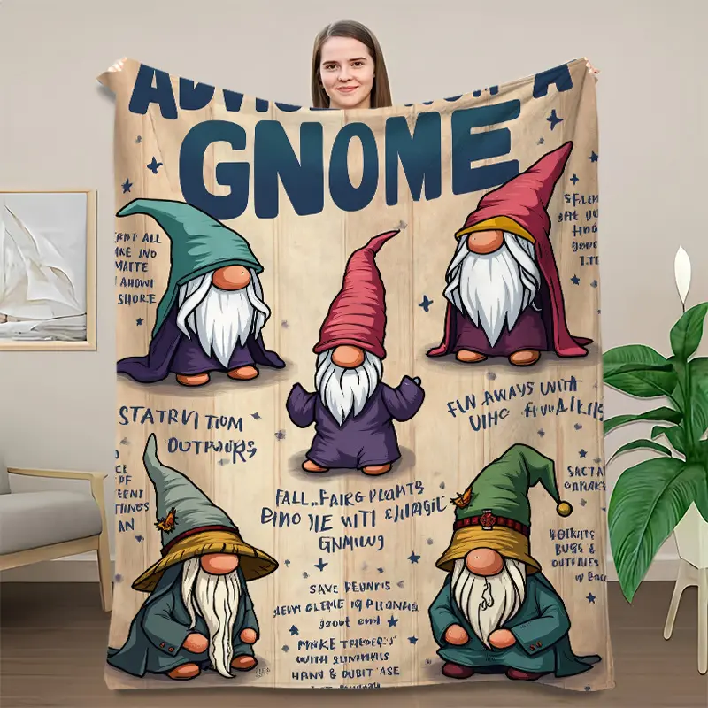 1pc Cozy Gnome Blanket - Soft Plush Flannel Throw Suitable for Sofa, Couch & Bed - Multicolor Gnome-Themed Bedspread | - Warmth for Gnome Lovers | Thoughtful Housewarming & Holiday Gift Idea