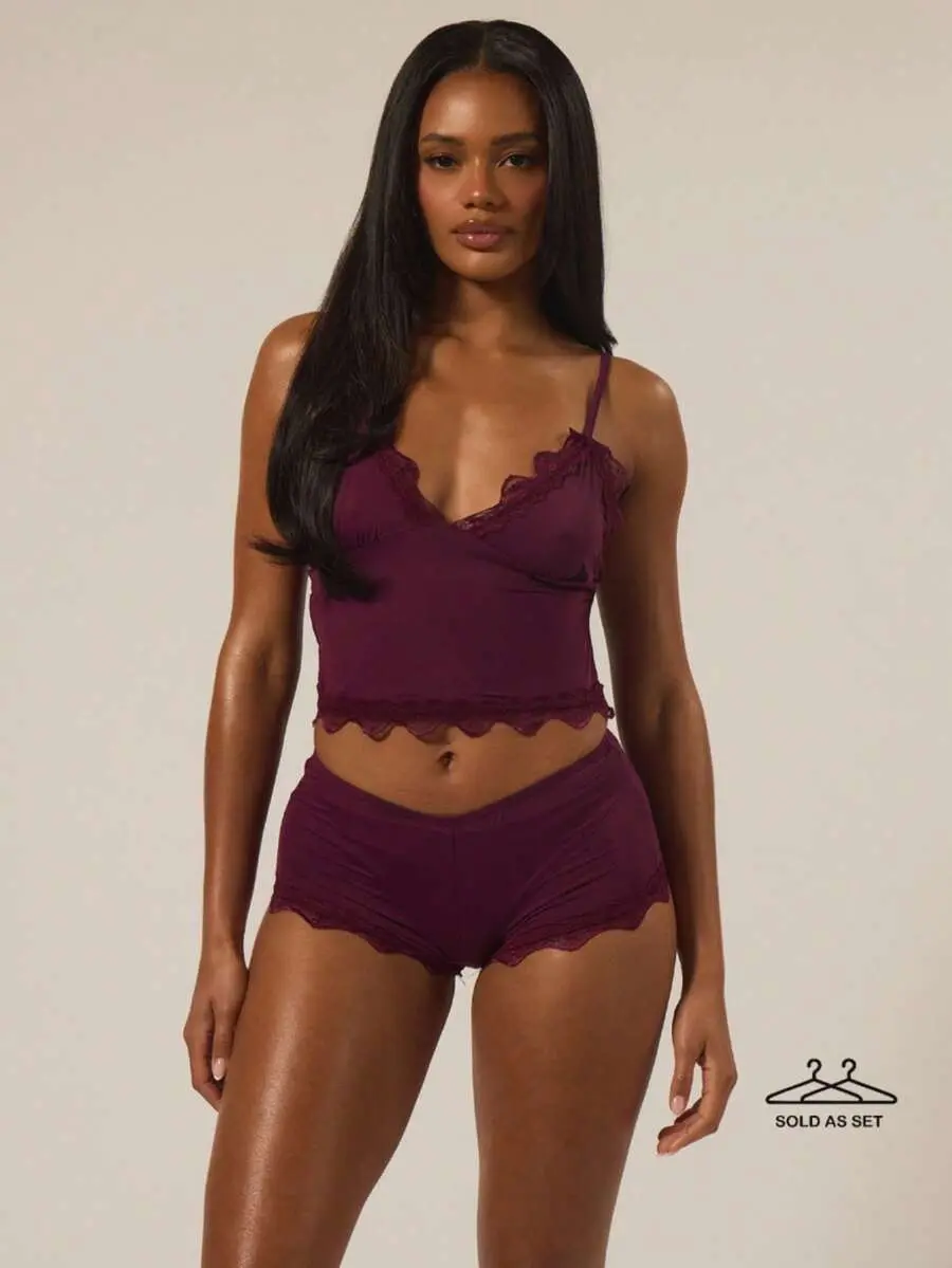 Lace Trim Adjustable Strap Cami Top And Fitted Boxer Boyshorts Multipack Set Lingerie Evening Everyday Underwear Sexy Summer