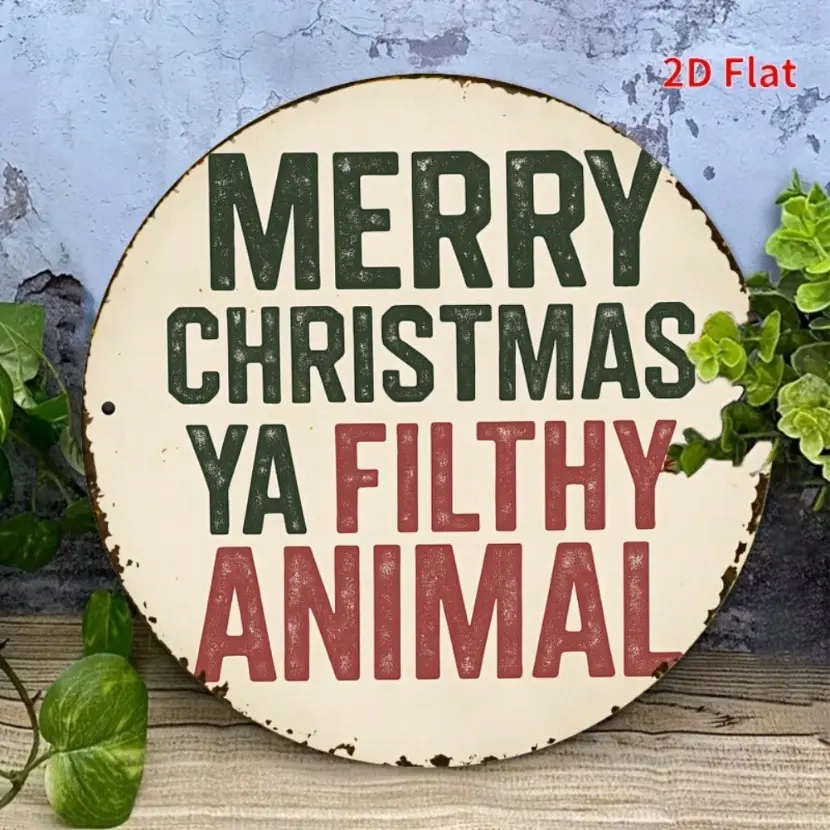 1pc Funny Christmas Sign with Merry Christmas You Filthy Animal Bold Red Text Rustic Farmhouse Design Aluminum Wall Art 8x8 Inch Round Holiday Decoration for Home Porch Garden Cafe Sarcastic Christmas Party Vintage Plaque