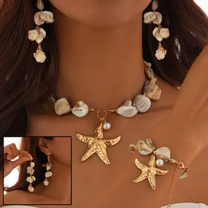 Classic Conch Pendant Necklace with Starfish Charms and Pearl Accents - Fashion Accessory