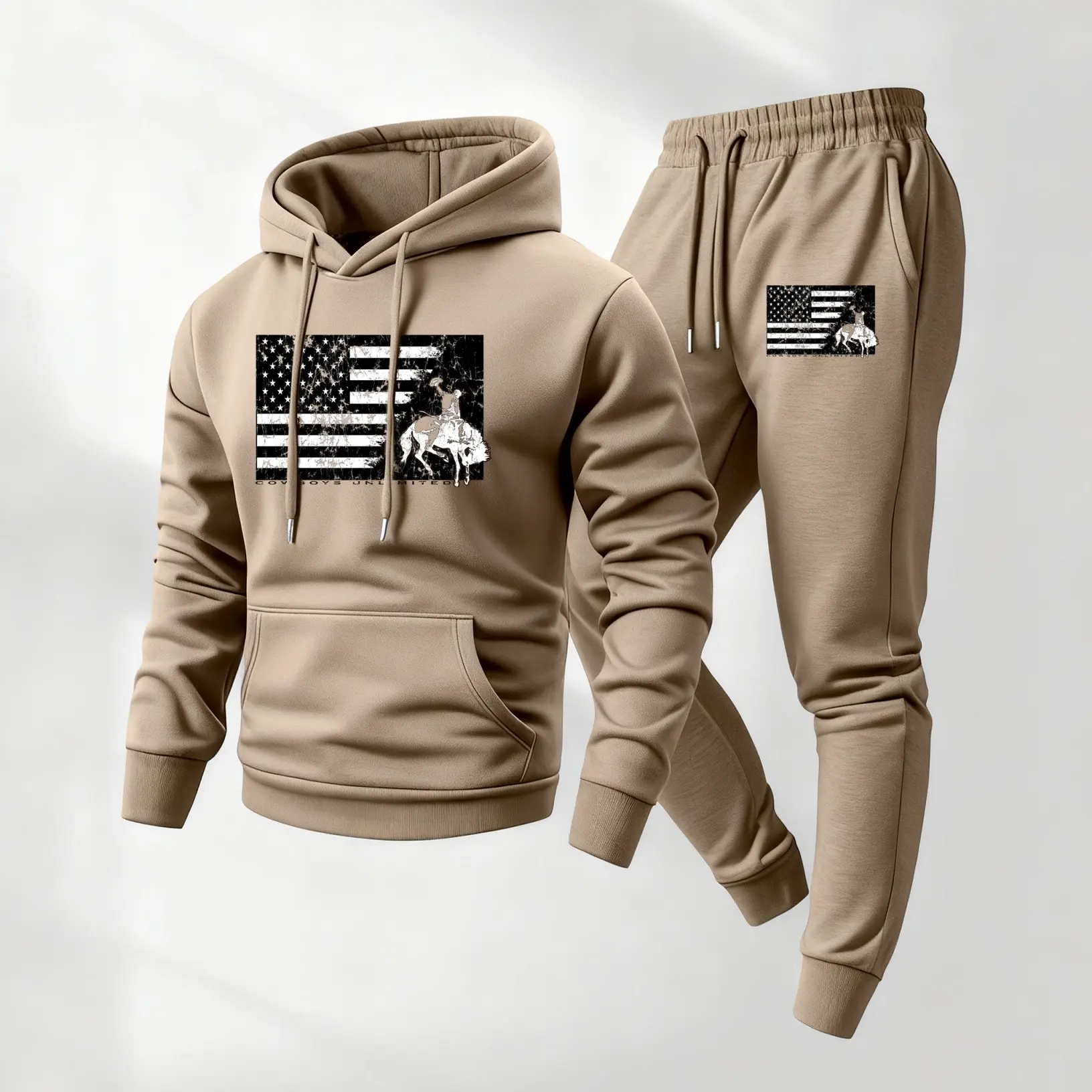 Men's flag print hooded sweatshirt and drawstring sweatpants set, men's casual sportswear, long-sleeved hooded jacket and trousers, suitable for autumn and winter wear, men's everyday casual wear, sports suit, casual athletic wear